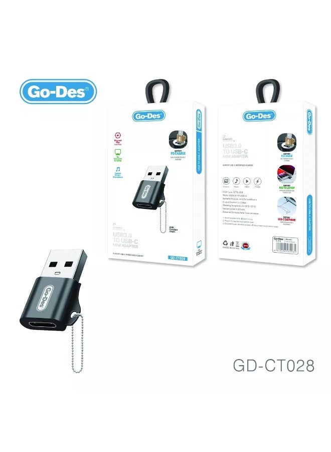 Go-Des USB A Male to Type-C Female OTG Adapter GD-CT028 – Fast Charging & Data Transfer, Compatible with Samsung, Huawei, Xiaomi, MacBook & Android Devices – Black - Image 1