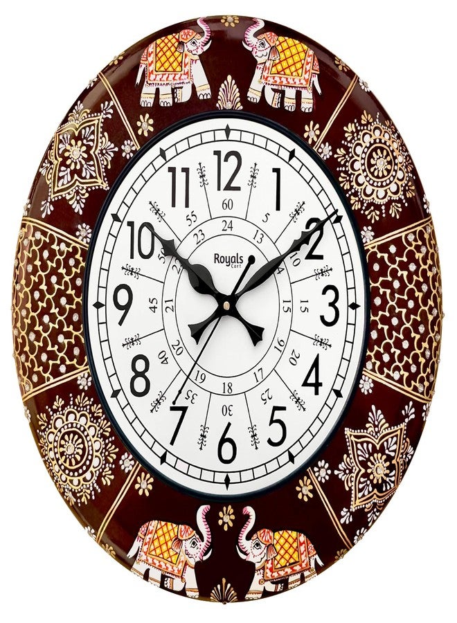 RoyalsCart Vintage Handcrafted Premium Wooden Analog Wall Clock for Hall with Rajasthani Elephant Painting Clock for Home | Brown Polished | 24 Hours | 16 Inch | Silent Sweep Movement [KTWC191N] - Image 1
