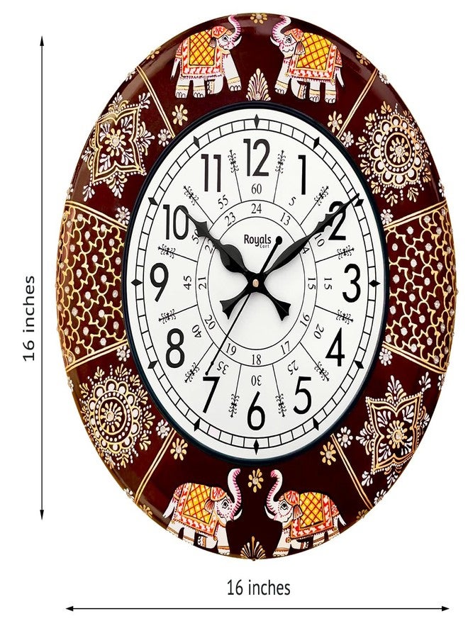 RoyalsCart Vintage Handcrafted Premium Wooden Analog Wall Clock for Hall with Rajasthani Elephant Painting Clock for Home | Brown Polished | 24 Hours | 16 Inch | Silent Sweep Movement [KTWC191N] - Image 4