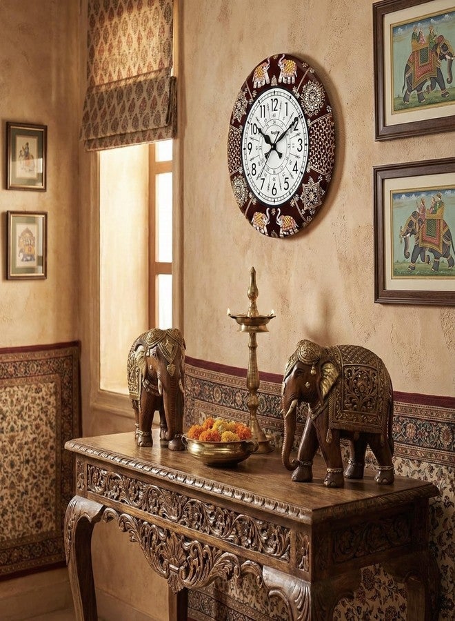 RoyalsCart Vintage Handcrafted Premium Wooden Analog Wall Clock for Hall with Rajasthani Elephant Painting Clock for Home | Brown Polished | 24 Hours | 16 Inch | Silent Sweep Movement [KTWC191N] - Image 5