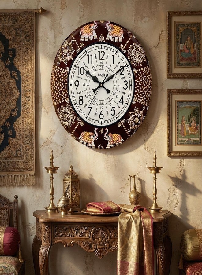 RoyalsCart Vintage Handcrafted Premium Wooden Analog Wall Clock for Hall with Rajasthani Elephant Painting Clock for Home | Brown Polished | 24 Hours | 16 Inch | Silent Sweep Movement [KTWC191N] - Image 2