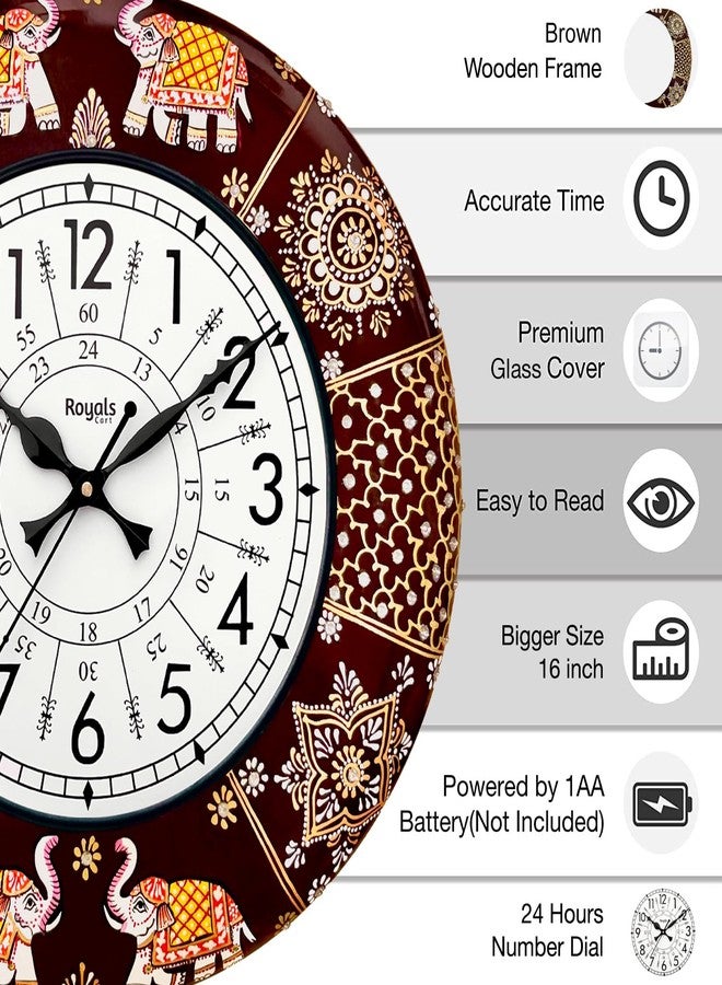 RoyalsCart Vintage Handcrafted Premium Wooden Analog Wall Clock for Hall with Rajasthani Elephant Painting Clock for Home | Brown Polished | 24 Hours | 16 Inch | Silent Sweep Movement [KTWC191N] - Image 3