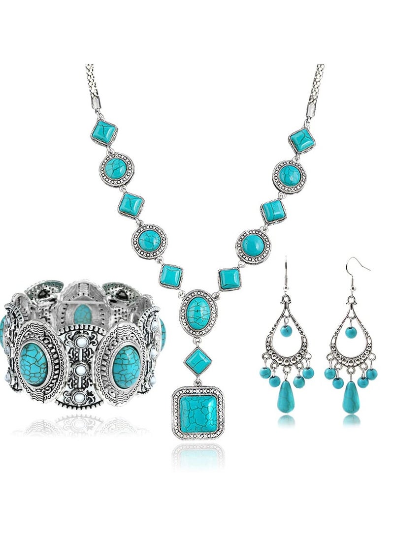 SOLARAE طقم بوهيمي من 3 قطع من الفيروز: قلادة ب pendant الفيروز، أقراط دائرية عتيقة من الفيروز، سوار مرن من الفيروز للنساء - طقم مجوهرات بوهو مميز - Image 1