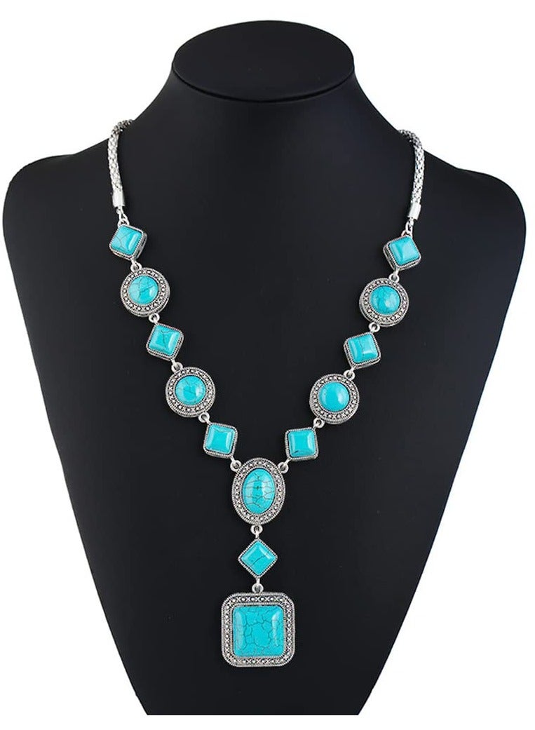 SOLARAE طقم بوهيمي من 3 قطع من الفيروز: قلادة ب pendant الفيروز، أقراط دائرية عتيقة من الفيروز، سوار مرن من الفيروز للنساء - طقم مجوهرات بوهو مميز - Image 4