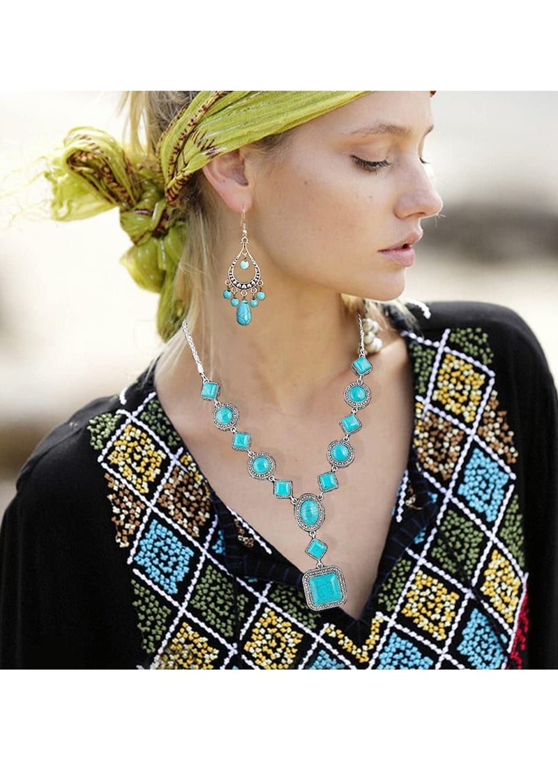 SOLARAE طقم بوهيمي من 3 قطع من الفيروز: قلادة ب pendant الفيروز، أقراط دائرية عتيقة من الفيروز، سوار مرن من الفيروز للنساء - طقم مجوهرات بوهو مميز - Image 3