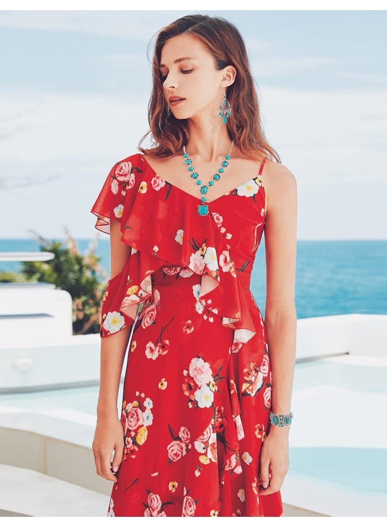 SOLARAE طقم بوهيمي من 3 قطع من الفيروز: قلادة ب pendant الفيروز، أقراط دائرية عتيقة من الفيروز، سوار مرن من الفيروز للنساء - طقم مجوهرات بوهو مميز - Image 2