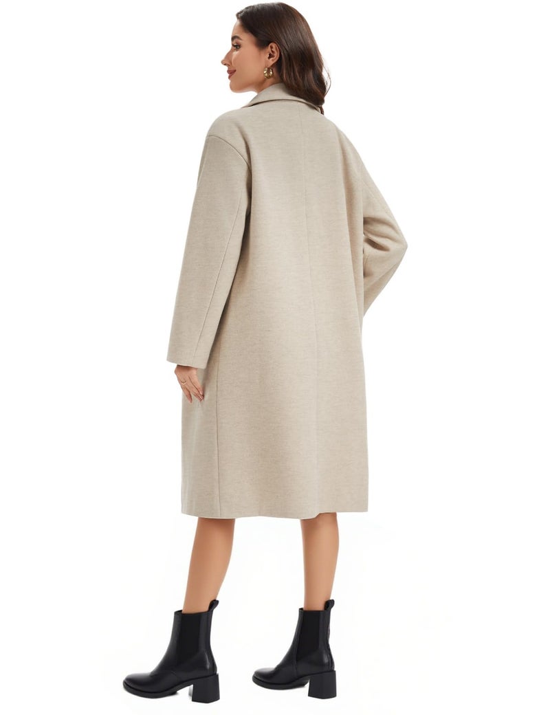 Flygo Womens Long Pea Coat Notch Lapel Double Breasted Trench Coat Fall Winter Overcoat Long Jacket(Oatmeal-XL) - Image 4