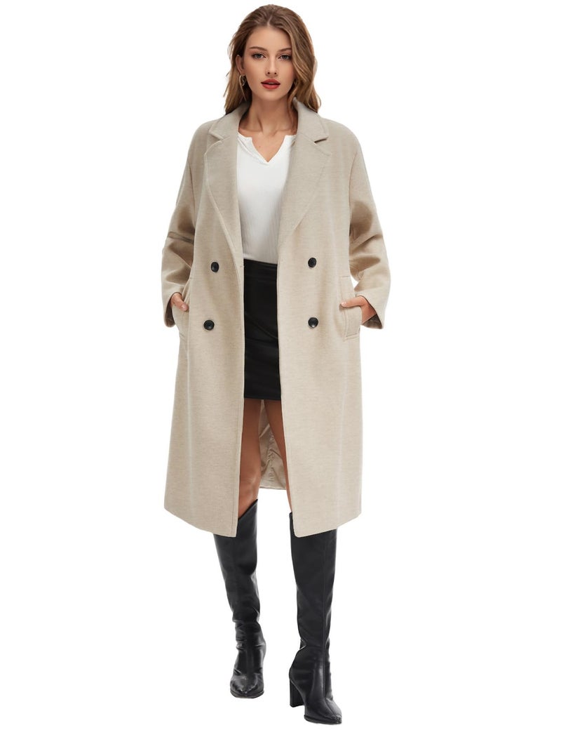 Flygo Womens Long Pea Coat Notch Lapel Double Breasted Trench Coat Fall Winter Overcoat Long Jacket(Oatmeal-XL) - Image 2