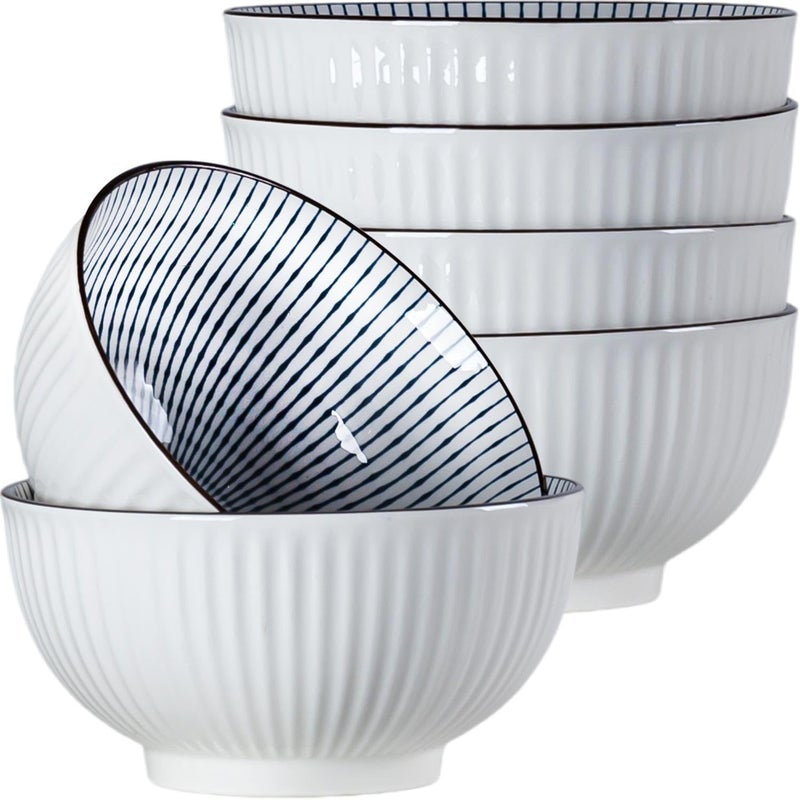 Houlu 6 in Small Japanese Bowls Set of 6 Versatile 30 oz Blue and White Porcelain Bowls for Soup Cereal Salad Desserts and Side Dishes  Striped Pattern - Image 1