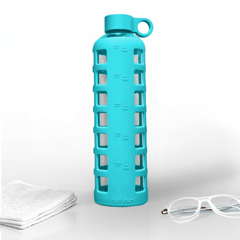 purifyou Premium 40/32 / 22/12 oz Reusable Glass Water Bottles with Time and Volume Markings  Non-Slip Silicone Sleeve & Stainless Steel Lid Insert  for Water  Milk  Fruit Juice (32oz Aqua Blue) - Image 4