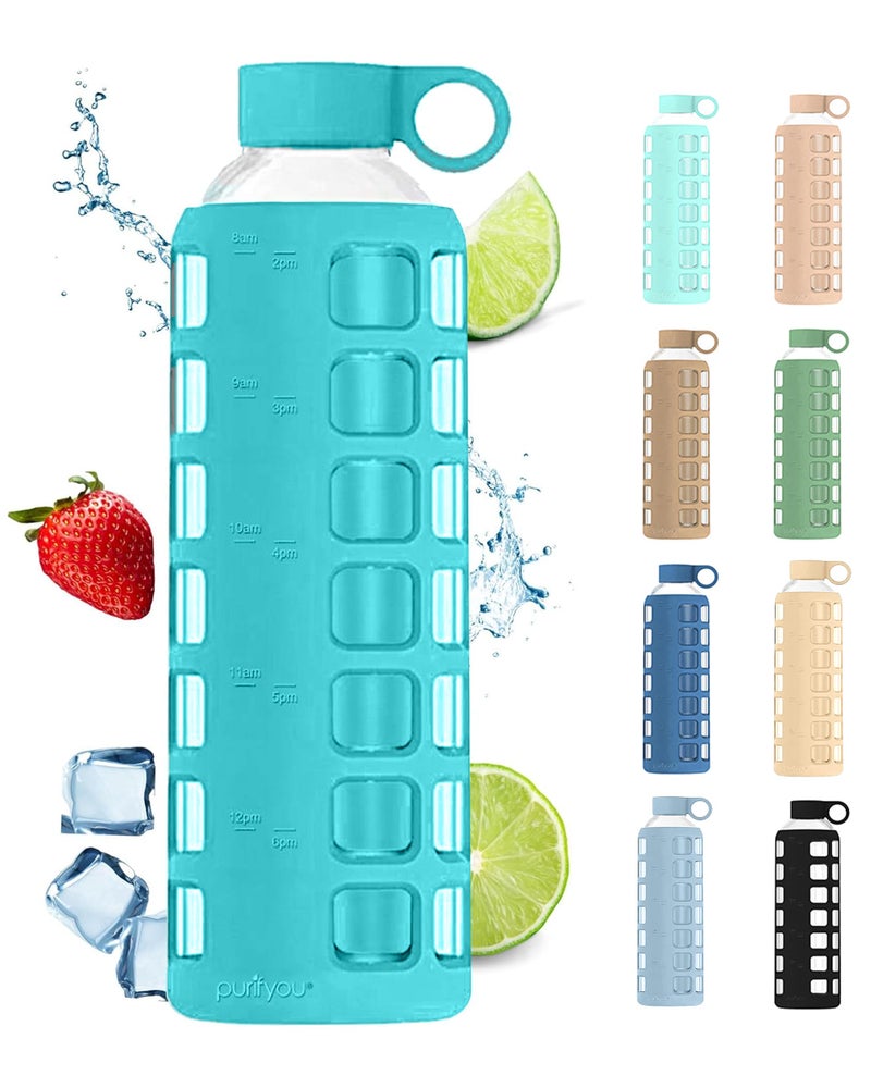 purifyou Premium 40/32 / 22/12 oz Reusable Glass Water Bottles with Time and Volume Markings  Non-Slip Silicone Sleeve & Stainless Steel Lid Insert  for Water  Milk  Fruit Juice (32oz Aqua Blue) - Image 1