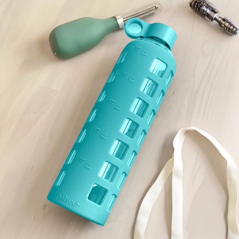 purifyou Premium 40/32 / 22/12 oz Reusable Glass Water Bottles with Time and Volume Markings  Non-Slip Silicone Sleeve & Stainless Steel Lid Insert  for Water  Milk  Fruit Juice (32oz Aqua Blue) - Image 5