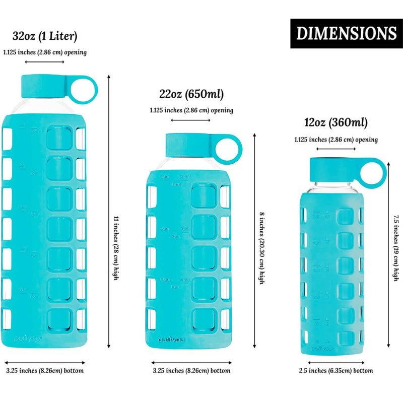 purifyou Premium 40/32 / 22/12 oz Reusable Glass Water Bottles with Time and Volume Markings  Non-Slip Silicone Sleeve & Stainless Steel Lid Insert  for Water  Milk  Fruit Juice (32oz Aqua Blue) - Image 2
