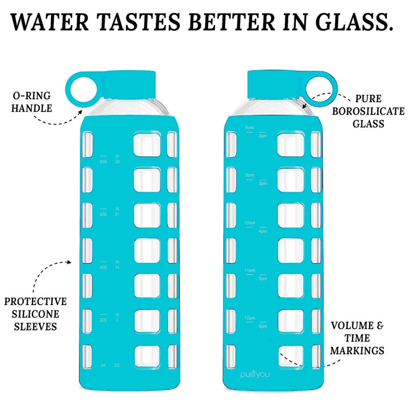 purifyou Premium 40/32 / 22/12 oz Reusable Glass Water Bottles with Time and Volume Markings  Non-Slip Silicone Sleeve & Stainless Steel Lid Insert  for Water  Milk  Fruit Juice (32oz Aqua Blue) - Image 3