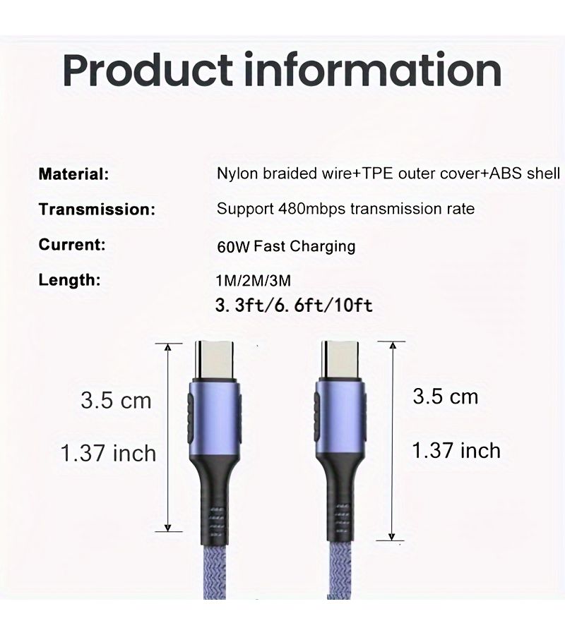 كابل USB-C إلى USB-C، 2 قطعة، طول 10 أقدام، مضفر من النايلون، سلك شحن سريع بقدرة 60 واط 3 أمبير، شاحن من نوع C لهاتف iPhone 15 Pro Max و iPad Mini و MacBook و Samsung Galaxy S23، اللون أخضر غامق. - Image 2