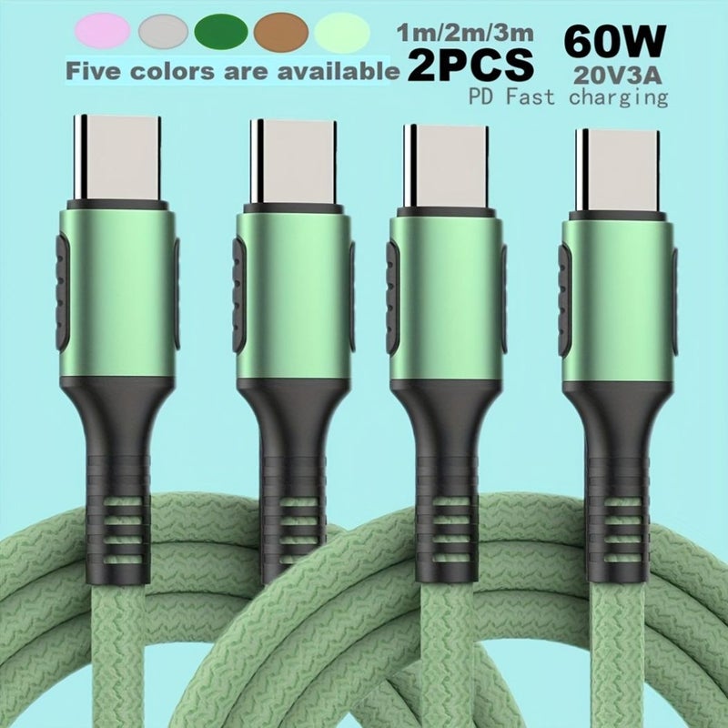 كابل USB-C إلى USB-C، 2 قطعة، طول 10 أقدام، مضفر من النايلون، سلك شحن سريع بقدرة 60 واط 3 أمبير، شاحن من نوع C لهاتف iPhone 15 Pro Max و iPad Mini و MacBook و Samsung Galaxy S23، اللون أخضر غامق. - Image 1