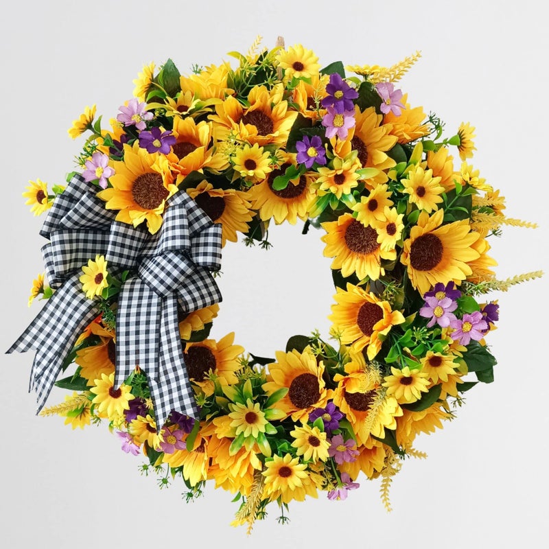 TOKCARE Sunflower Wreaths for Front Door, TOKCARE 18 inch Yellow Spring and Summer Door Wreath with Bow, Handmade Silk Sunflower Decor for Home Party Festival Wedding Decor - Image 1