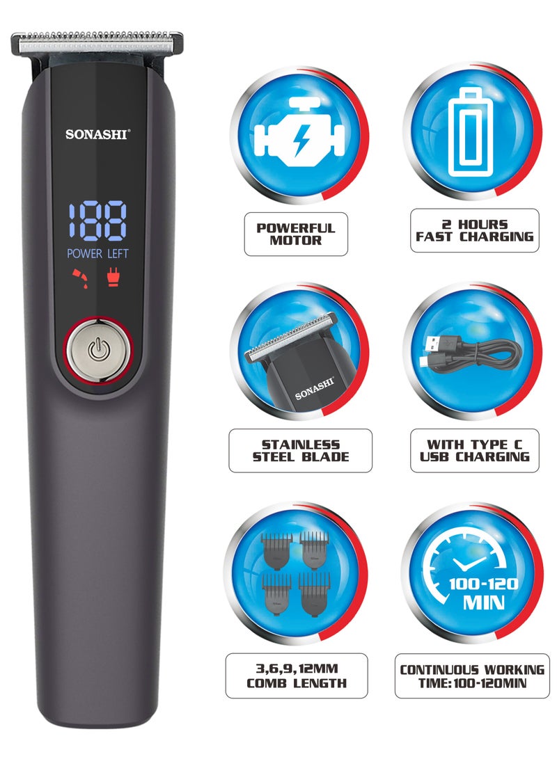 SONASHI Rechargeable Hair Clipper With Sharp Stainless Steel Cutter Blade Digital Display With Battery Status  Continuous Working Time 2 Hours Cordless Hair Clipper With USB Cable SHC-1056 Grey - Image 3