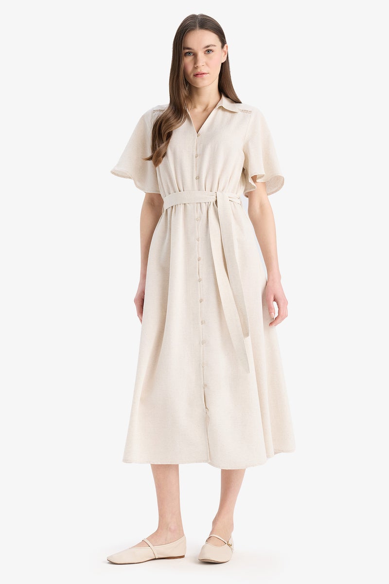 DeFacto Beige Woman Shirt Collar Butterfly Sleeves Dress Casual - Image 1