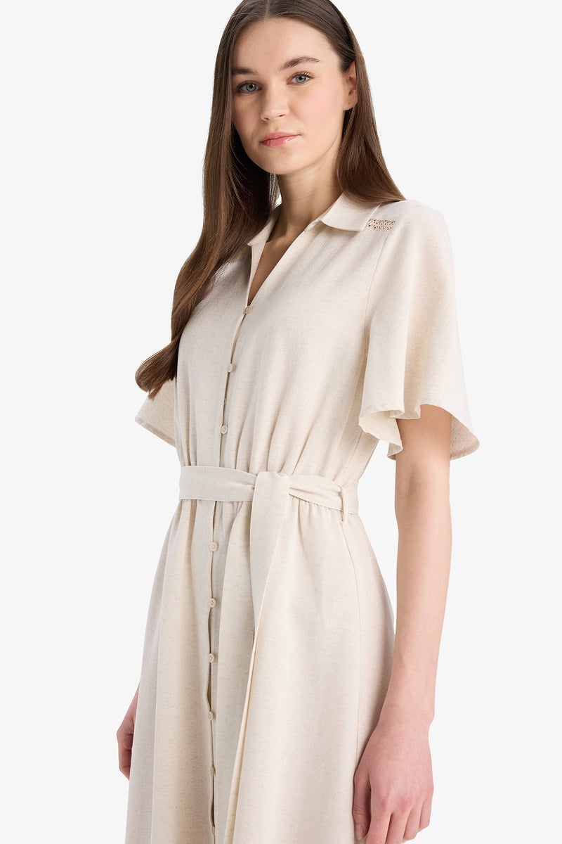 DeFacto Beige Woman Shirt Collar Butterfly Sleeves Dress Casual - Image 4