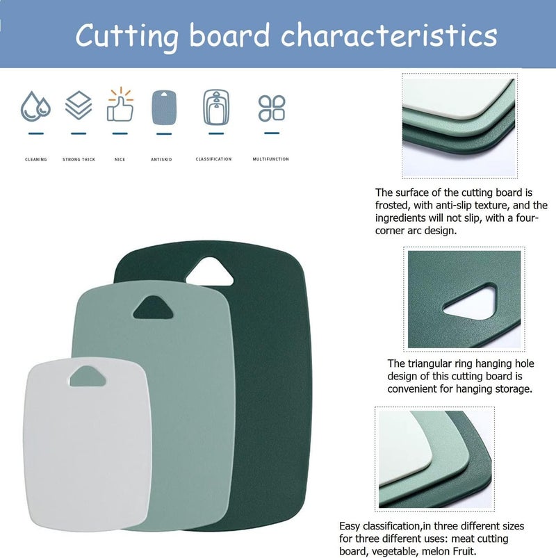 HEXONIQ® Cutting Boards for Kitchen, Plastic Chopping Board Set of 3, Thick Chopping Boards for Meat, Veggies, Fruits, with Easy Grip Handle & Hanging Hole, Dishwasher Safe (Green) - Image 3