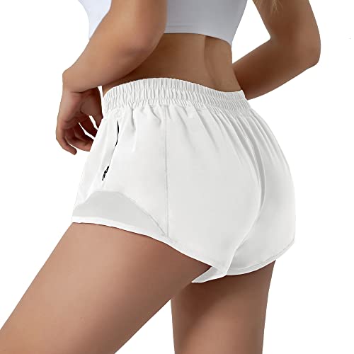 Aurefin Running Shorts for Women,Quick Dry Athletic Sports Shorts Lightweight Active Workout Gym Shorts with Zip Pocket White/M - Image 3