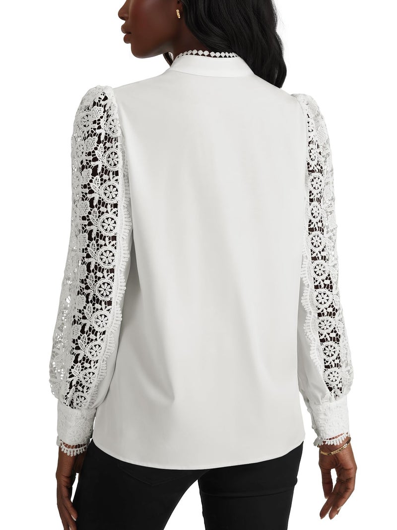 Rooscier Women's Lace Elegant Dressy Blouse Mock Neck Long Sleeve Button Down Work Business Crochet Shirt Top Solid White Medium - Image 5