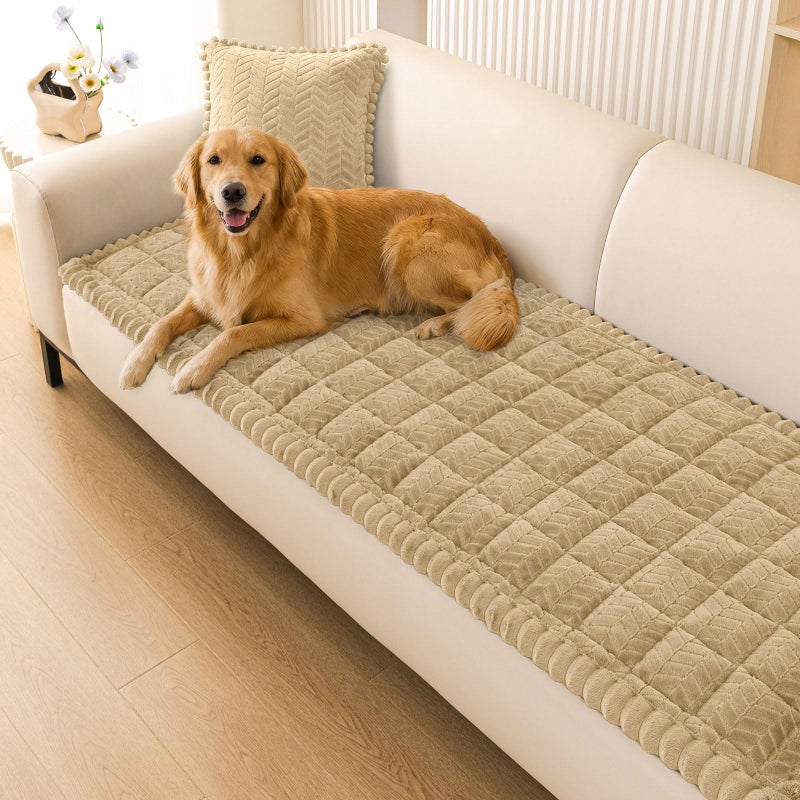 Smiry Non Slip Couch Covers for Dogs, Fuzzy Pet Couch Covers for 3 Cushion Sofa Pet Friendly, Soft Sofa Slipcovers Cushion Furniture Protector Washable (Khaki, 27.6" x 82.7") - Image 1