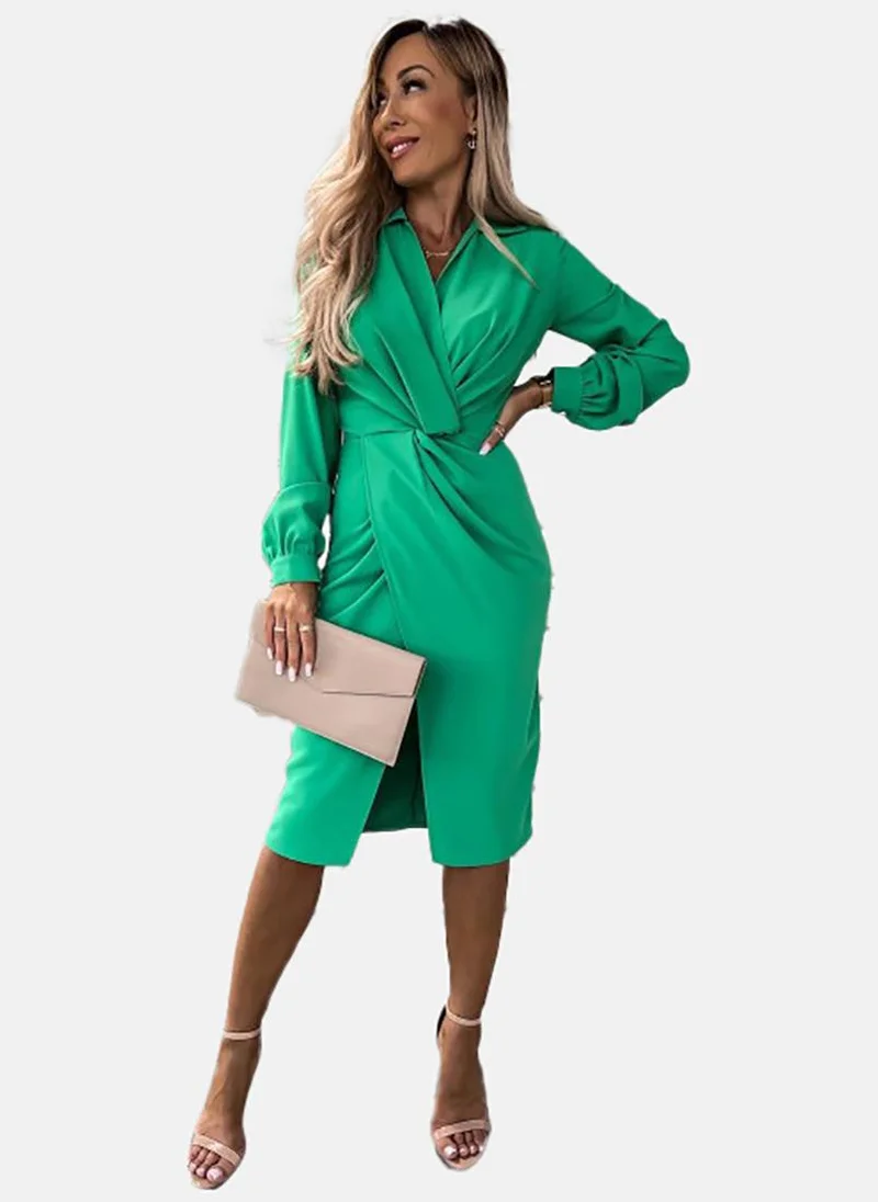 يونيكي Green Asymmetric Solid Notch Lapel Long Sleeve Dress