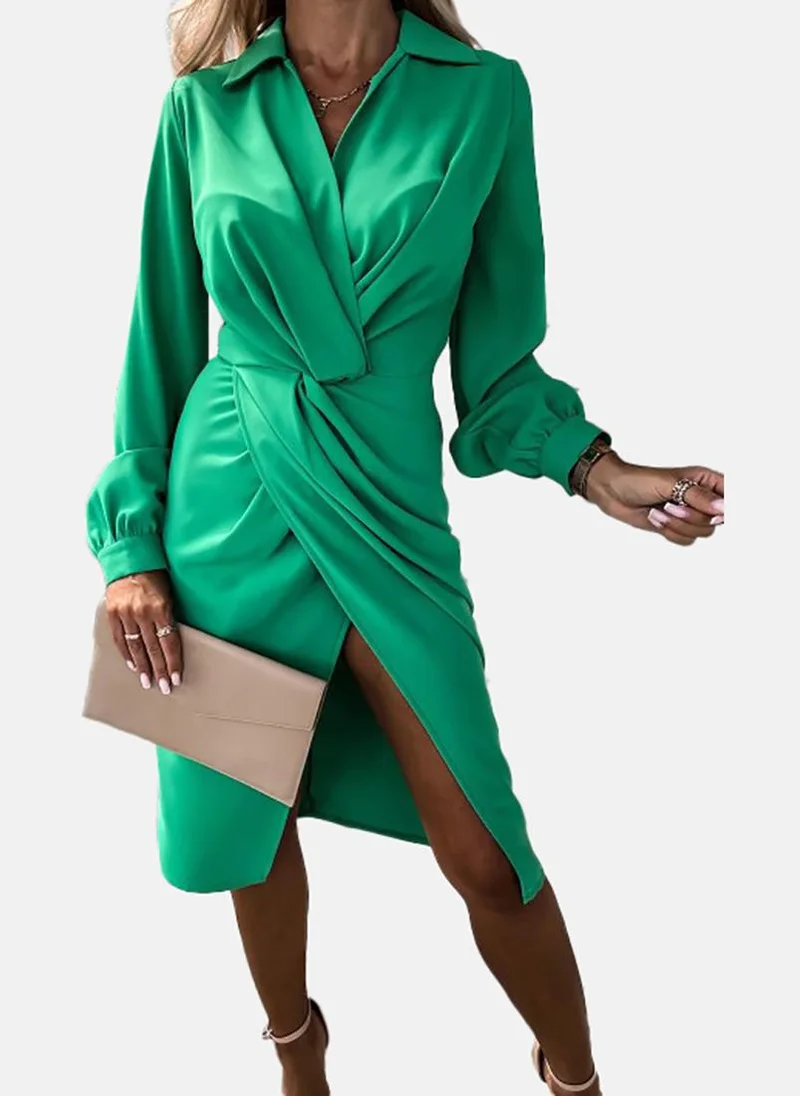 يونيكي Green Asymmetric Solid Notch Lapel Long Sleeve Dress