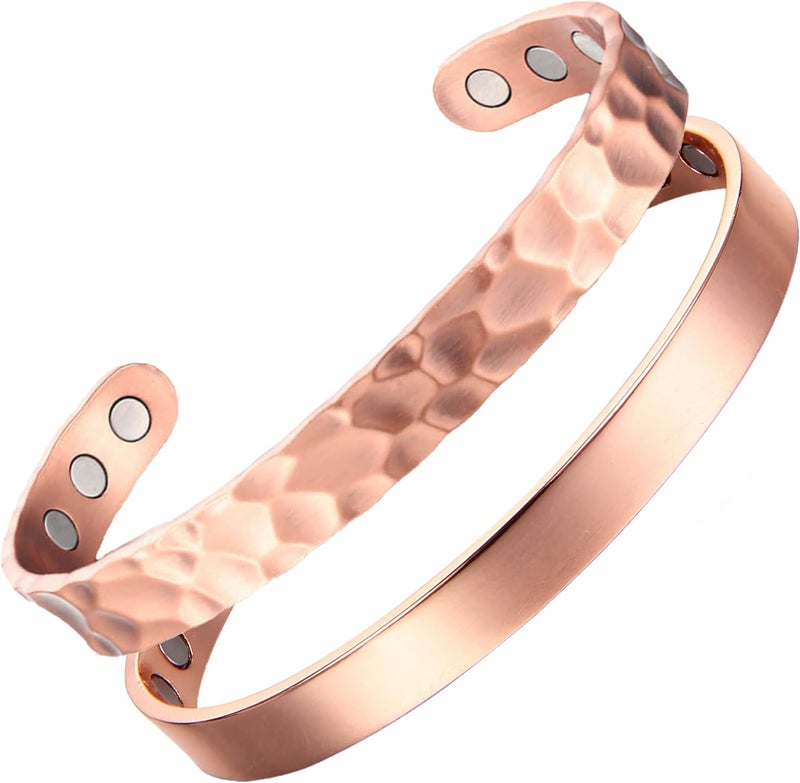 EARTH THERAPY Minimalist & Hammered Cuffs - Original Pure Copper Magnetic Bracelets for Men and Women - Adjustable - Ultra Strength 