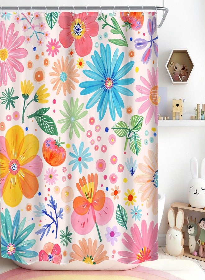 MESHELLY Cute Floral Flower Shower Curtain 60Wx72H Kids Funny Summer Colorful Cartoon Crayon Wildflower Botanical Girly Bathroom Curtain Plant Fun Bath Curtain Bathroom Accessories Decor with 12 Hook - Image 1