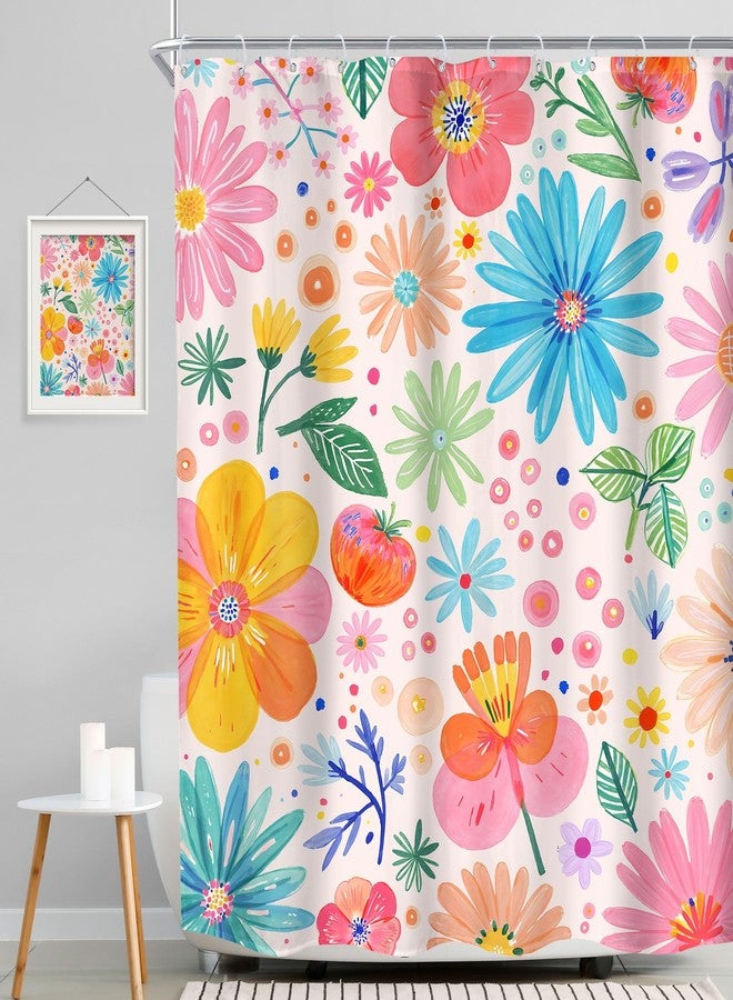 MESHELLY Cute Floral Flower Shower Curtain 60Wx72H Kids Funny Summer Colorful Cartoon Crayon Wildflower Botanical Girly Bathroom Curtain Plant Fun Bath Curtain Bathroom Accessories Decor with 12 Hook - Image 2