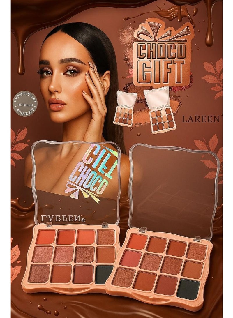 LAREEN "Choco Gift" Eyeshadow Palette – A professional palette of 12 shades in chocolate, beige, and warm earth tones – for a classic and glamorous makeup look.