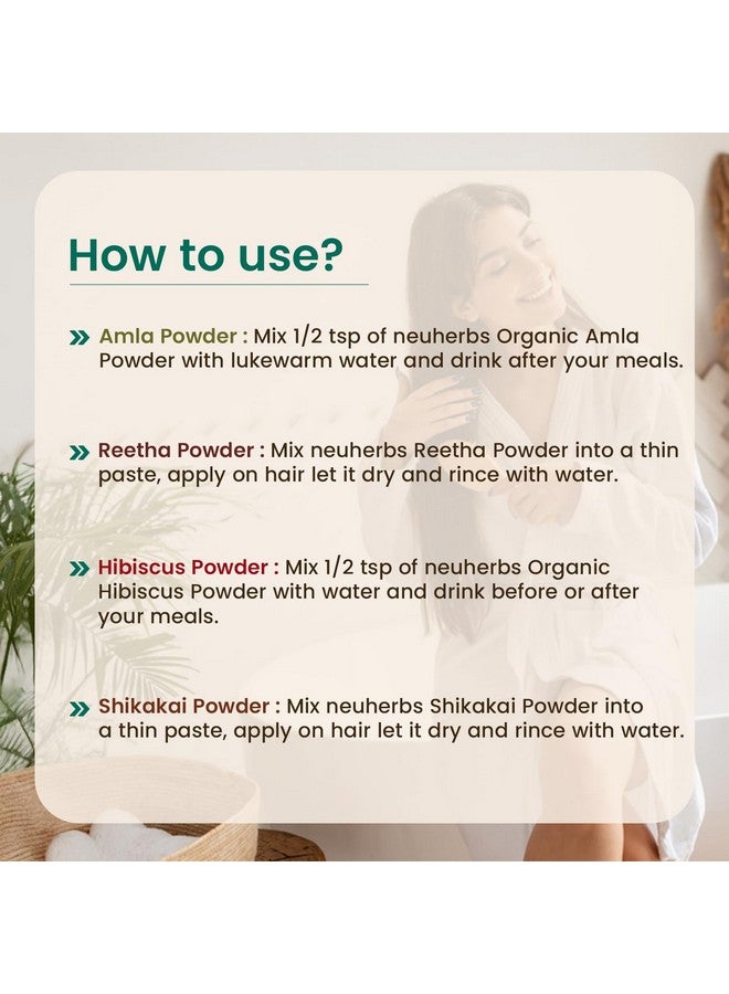 Neuherbs مسحوق نيوربز أملّا، ريثا، شيكّاكي و ه hibiscus للعناية بالبشرة والشعر | لنمو الشعر وقناع الشعر، 100 جرام لكل منها (عبوة مكونة من 4) | 100% عضوي، غني بالفيتامينات ومضادات الأكسدة - Image 4