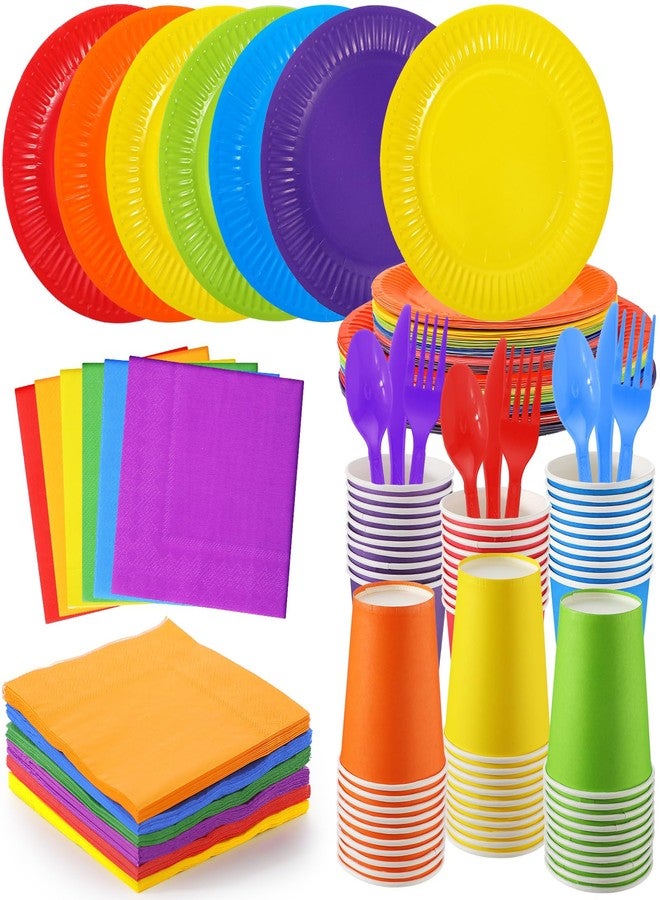 Inbagi 420 Pieces Rainbow Party Decorations Include 7" and 9" Colorful Paper Plates Colored Napkins Cups Spoons Forks Knives Complete Pack for Fiesta Neon Birthday Party Supplies - Image 1