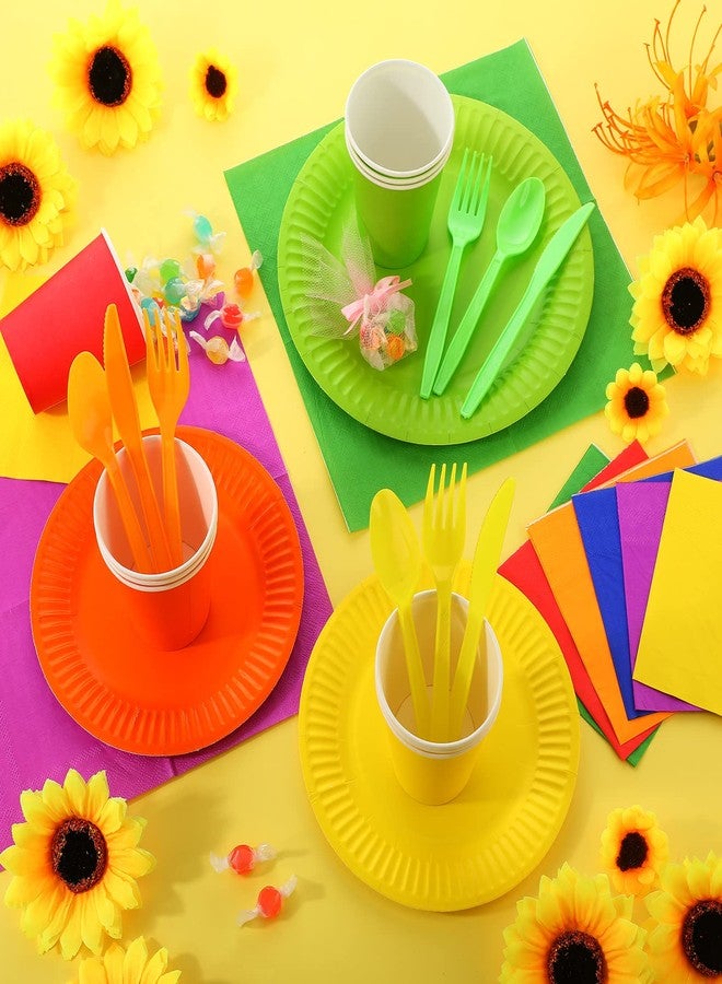 Inbagi 420 Pieces Rainbow Party Decorations Include 7" and 9" Colorful Paper Plates Colored Napkins Cups Spoons Forks Knives Complete Pack for Fiesta Neon Birthday Party Supplies - Image 5