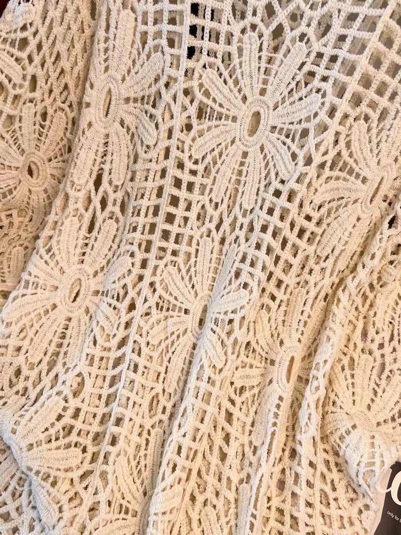 MakeMeChic Women's Plus Size Boho Tops Crochet Sweater Dolman Sleeve Beach Cover Up Plus Beige 0XL - Image 4