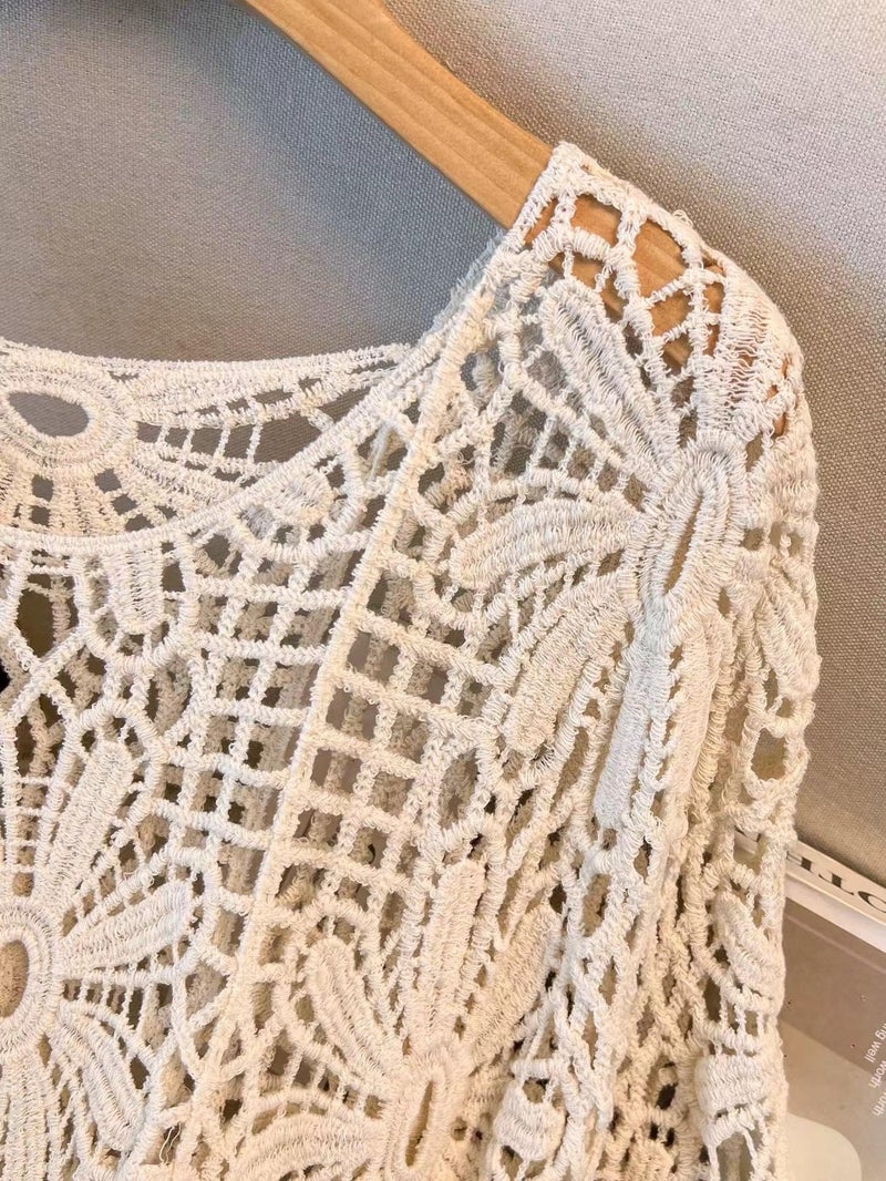 MakeMeChic Women's Plus Size Boho Tops Crochet Sweater Dolman Sleeve Beach Cover Up Plus Beige 0XL - Image 5
