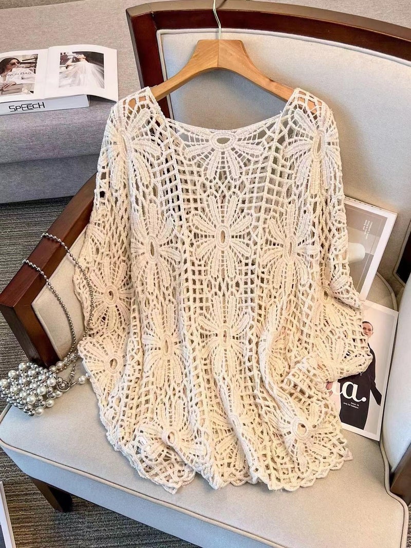 MakeMeChic Women's Plus Size Boho Tops Crochet Sweater Dolman Sleeve Beach Cover Up Plus Beige 0XL - Image 3