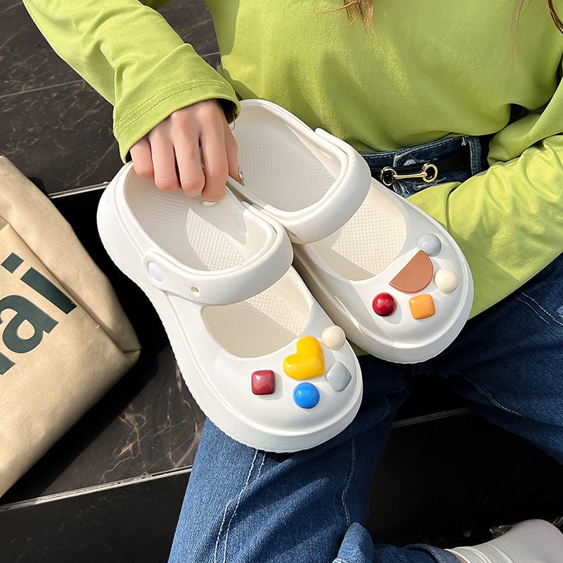 Diy Girl Height-Increasing Clogs Mary Jane Perforated Shoes Korean Version Student Summer Versatile Cartoon - Image 3