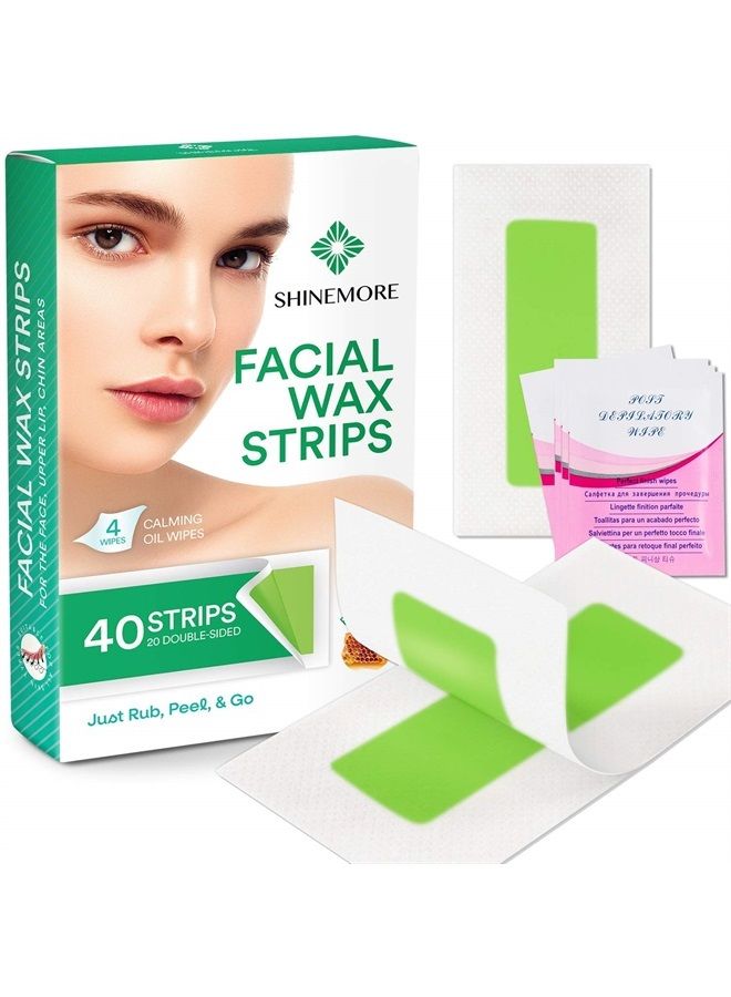 ShineMore Facial Wax Strips - Hypoallergenic for All Skin Types - Wax strips for hair removal - Gentle and Fast-Working for Face, Eyebrow, Upper Lip, and Chin (40 Women Wax Strips + 4 Calming Oil Wipe - Image 1
