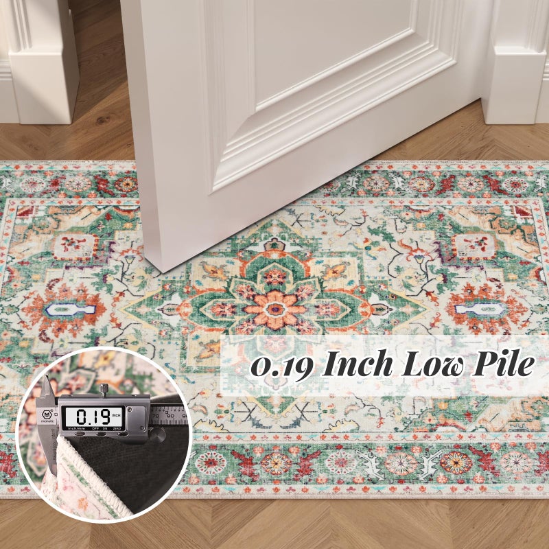 COYACOOL Vintage Rugs for Entryway, 2x3 Washable Low Pile Rug, Front Door Non-Slip Small Area Rug for Kitchen, Throw Rugs with Rubber Backing, Soft Boho Indoor Entrance Bedroom Entry Carpet mat (Cream/Green) - Image 3