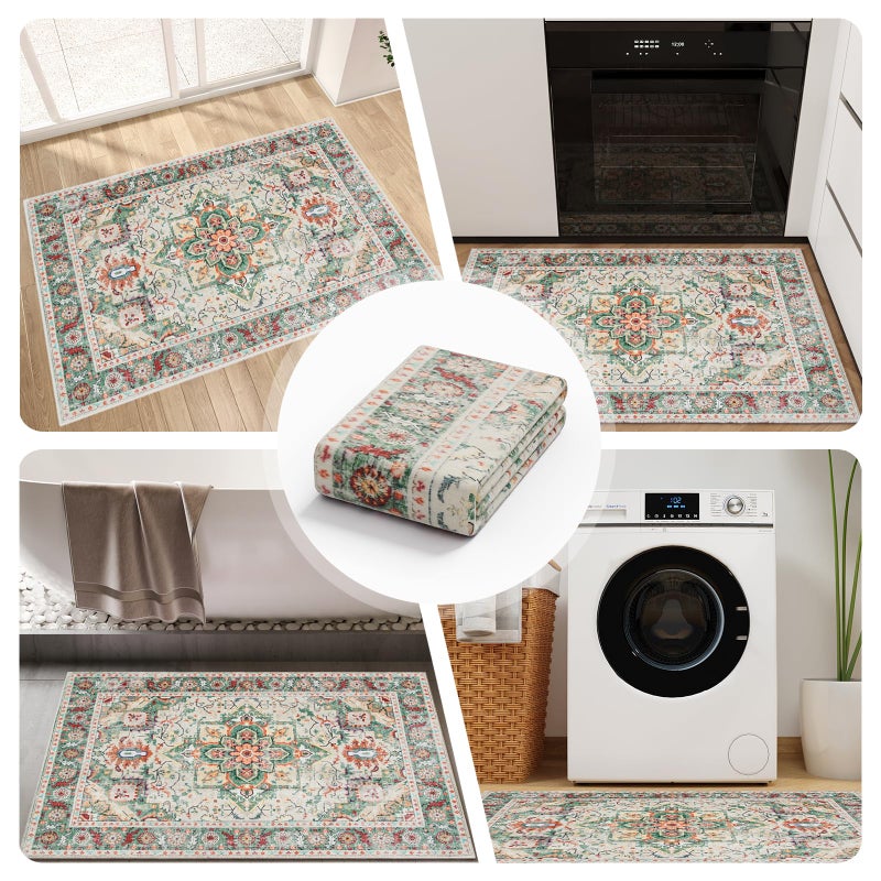 COYACOOL Vintage Rugs for Entryway, 2x3 Washable Low Pile Rug, Front Door Non-Slip Small Area Rug for Kitchen, Throw Rugs with Rubber Backing, Soft Boho Indoor Entrance Bedroom Entry Carpet mat (Cream/Green) - Image 5