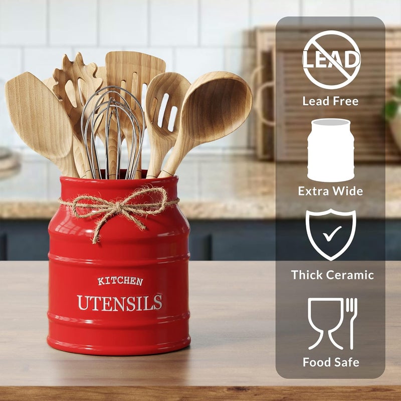 BARNYARD DESIGNS Ceramic Utensil Crock Holder for Kitchen Counter, Rustic Farmhouse Countertop Decor, French Country Organizer for Cooking Utensils, Red, 15 x 17cm - Image 3