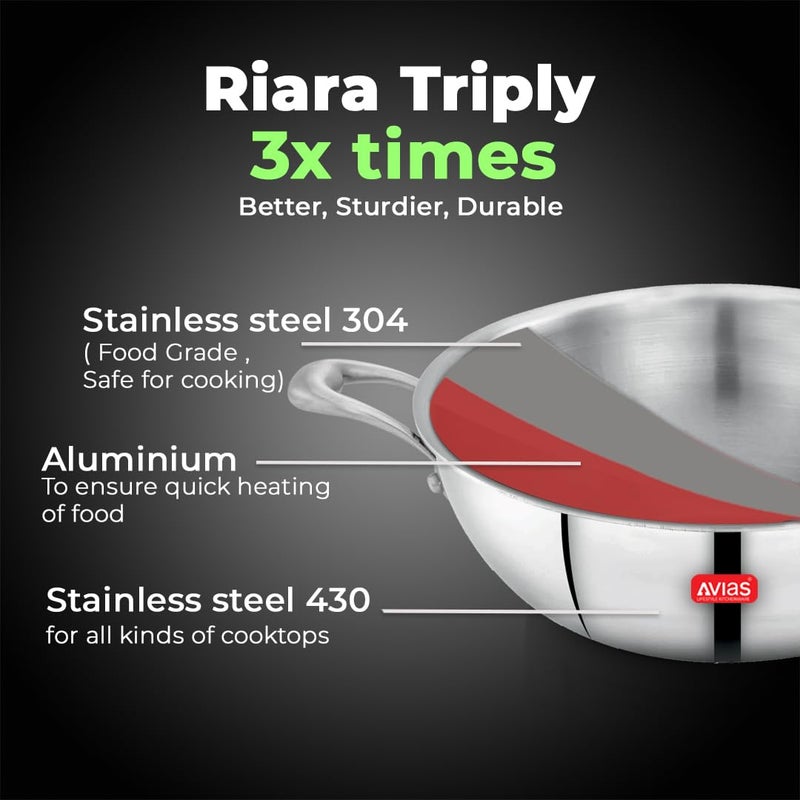 AVIAS Riara Triply Kadai, 20 cm Stainless Steel Kadhai with Lid, 3 Layer, Steel Casted Handles, Flat Bottom Kadhai with Induction Base, 2.5 Mm Thickness, 1.65 Litre, 20cm - Image 2