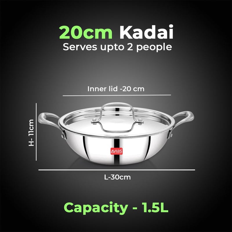 AVIAS Riara Triply Kadai, 20 cm Stainless Steel Kadhai with Lid, 3 Layer, Steel Casted Handles, Flat Bottom Kadhai with Induction Base, 2.5 Mm Thickness, 1.65 Litre, 20cm - Image 4