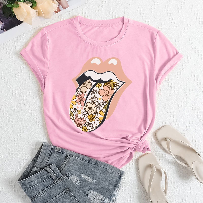 2025 Foreign Trade Womens Independent Station Temu Clothing Cross-border E-commerce ebay Amazon Lickitone Printed Polyester Ammonia T-shirt Pink 