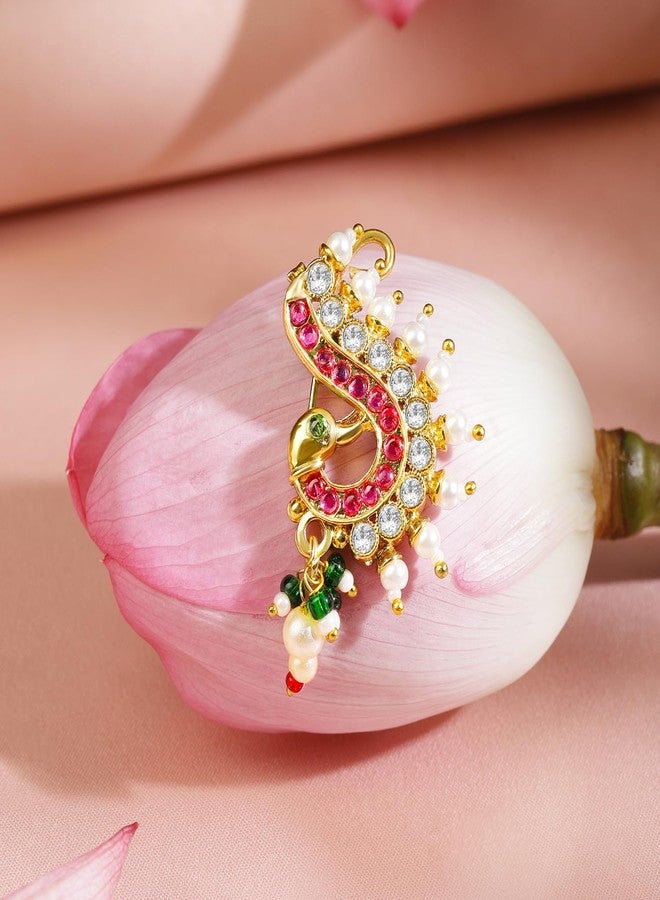 Rubans 18K Gold-Plated Ruby Pink & White Stone Peacock Nath Nose Pin with Pearl Drops for Women Perfect for Bridal & Traditional Styling - Image 3