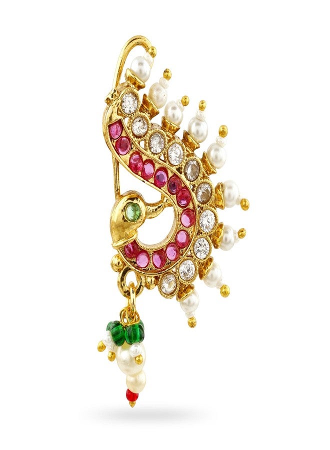 Rubans 18K Gold-Plated Ruby Pink & White Stone Peacock Nath Nose Pin with Pearl Drops for Women Perfect for Bridal & Traditional Styling - Image 1
